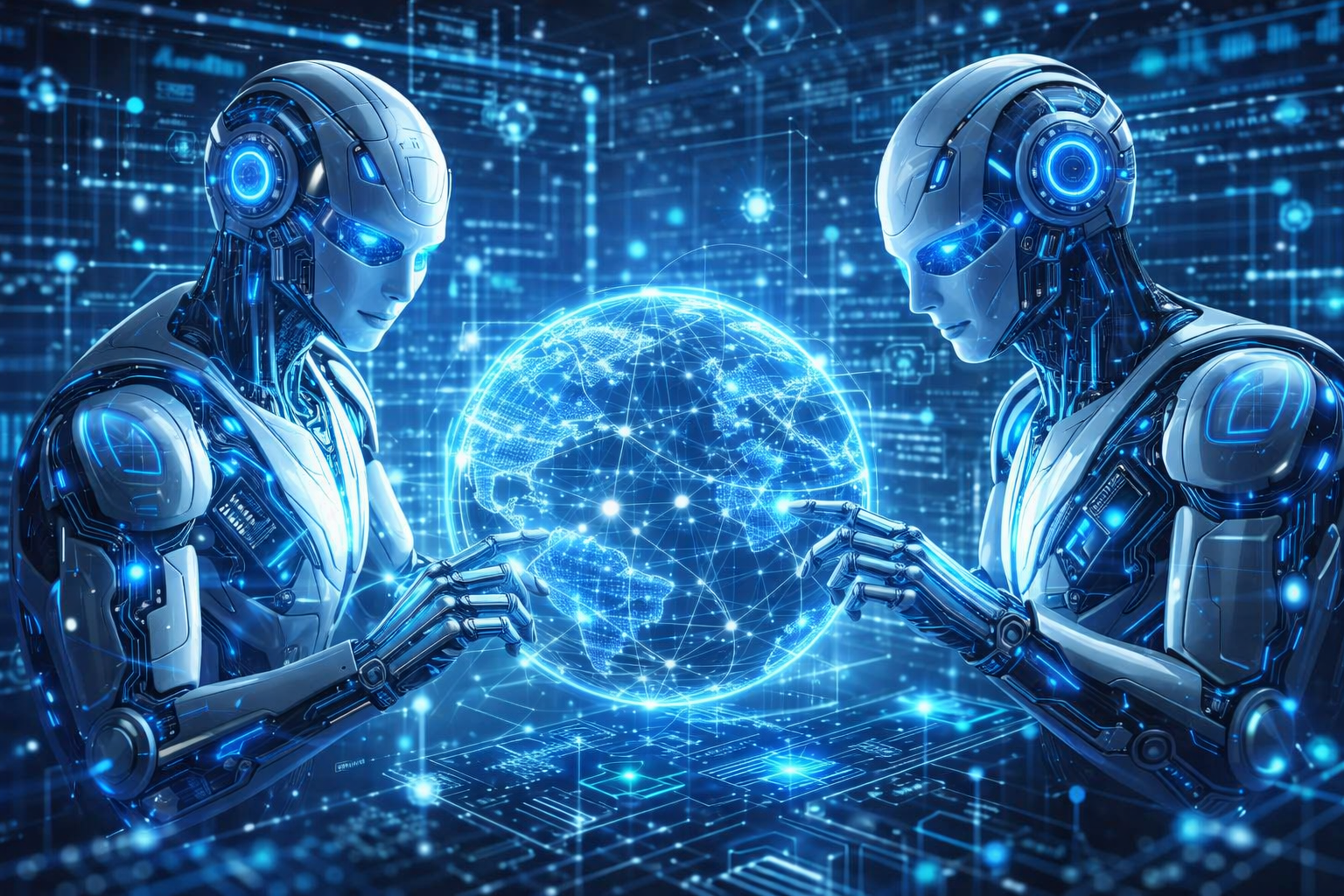 Futuristic AI Collaboration with Digital Globe Two futuristic robots examining a glowing digital globe with network connections.